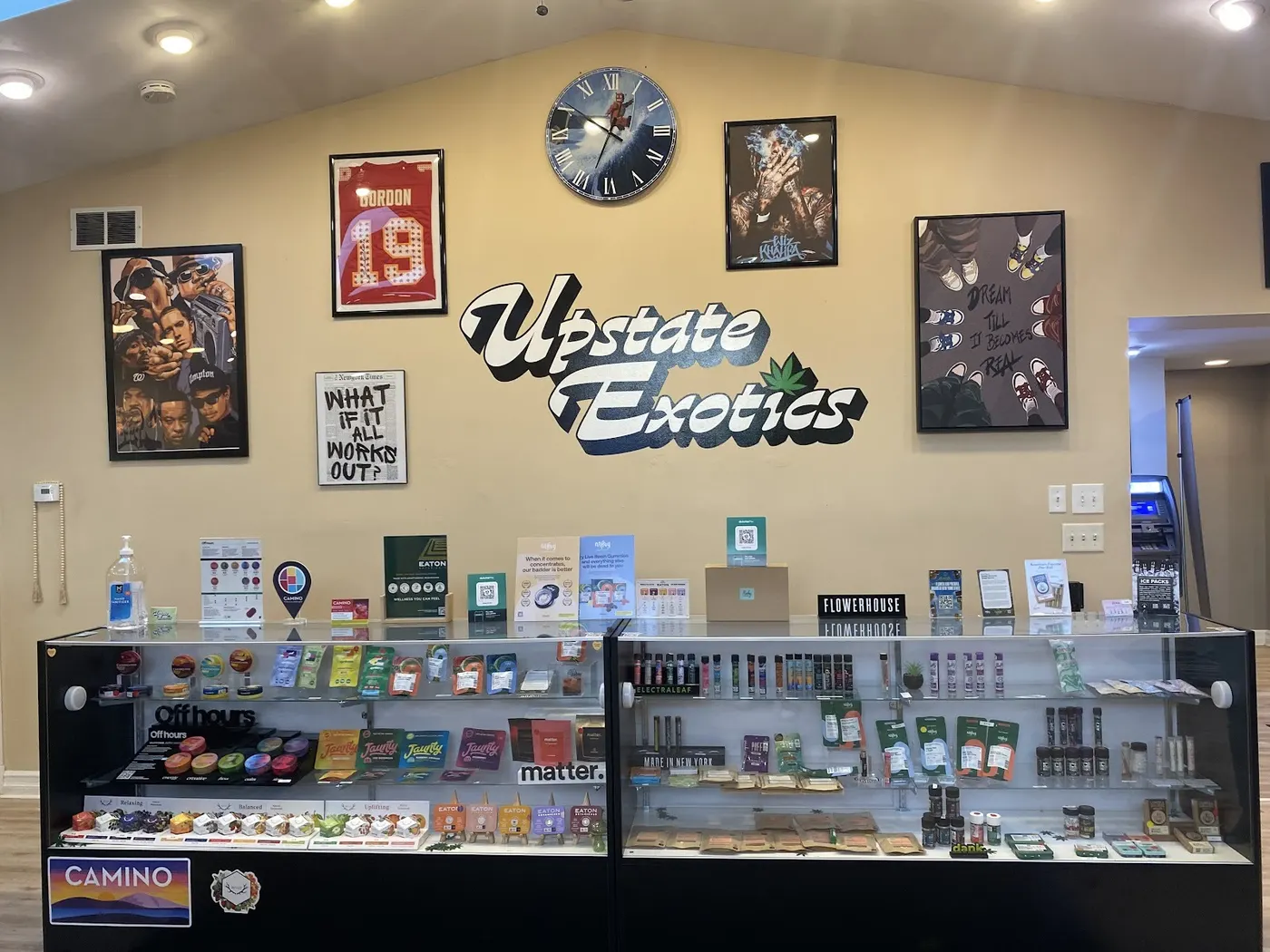 Glass display counter and art wall at Upstate Exotics in Niagara Falls, NY where concentrates are kept