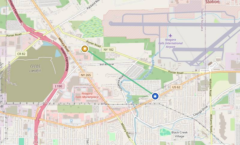 Map of the weed delivery coverage area between Upstate Exotics at 9200 Niagara Falls Blvd and Belden Center, NY