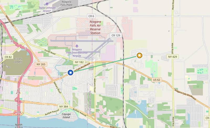 Map of the weed delivery coverage area between Upstate Exotics at 9200 Niagara Falls Blvd and Bergholz, NY