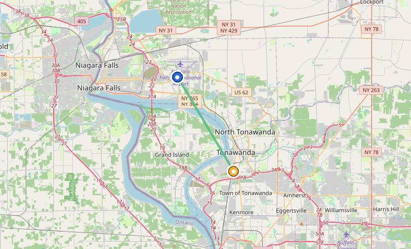 Map of the weed delivery coverage area between Upstate Exotics at 9200 Niagara Falls Blvd and City of Tonawanda, NY