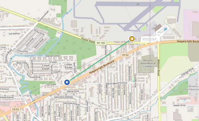 Map of the weed delivery coverage area between Upstate Exotics at 9200 Niagara Falls Blvd and Fashion Outlets, NY