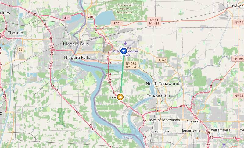 Map of the weed delivery coverage area between Upstate Exotics at 9200 Niagara Falls Blvd and Grand Island, NY