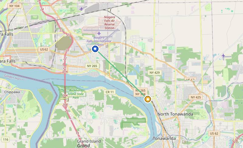 Map of the weed delivery coverage area between Upstate Exotics at 9200 Niagara Falls Blvd and Gratwick, NY