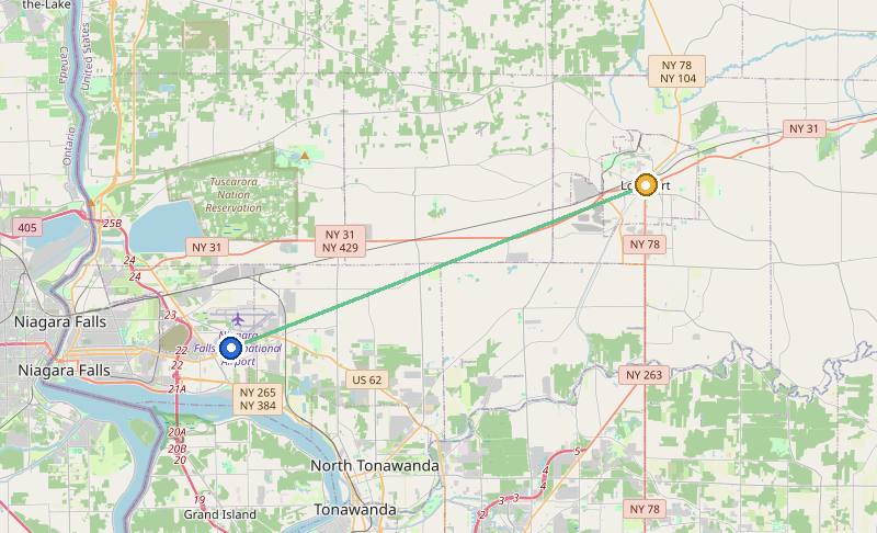 Map of the weed delivery coverage area between Upstate Exotics at 9200 Niagara Falls Blvd and Lockport, NY