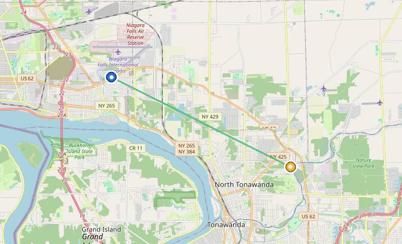 Map of the weed delivery coverage area between Upstate Exotics at 9200 Niagara Falls Blvd and Martinsville, NY