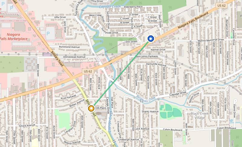 Map of the weed delivery coverage area between Upstate Exotics at 9200 Niagara Falls Blvd and Military Road, NY