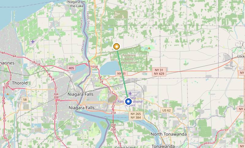 Map of the weed delivery coverage area between Upstate Exotics at 9200 Niagara Falls Blvd and Model City, NY