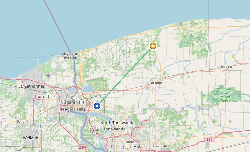 Map of the weed delivery coverage area between Upstate Exotics at 9200 Niagara Falls Blvd and Newfane, NY