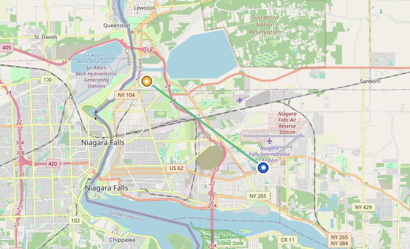 Map of the weed delivery coverage area between Upstate Exotics at 9200 Niagara Falls Blvd and Niagara University area, NY