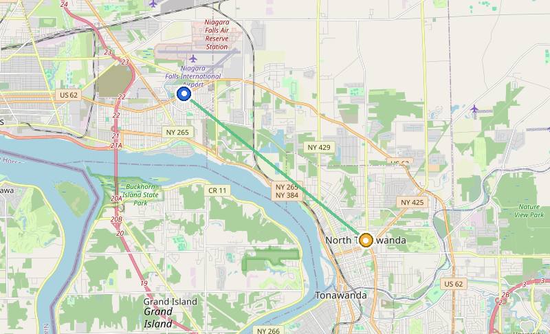 Map of the weed delivery coverage area between Upstate Exotics at 9200 Niagara Falls Blvd and North Tonawanda, NY