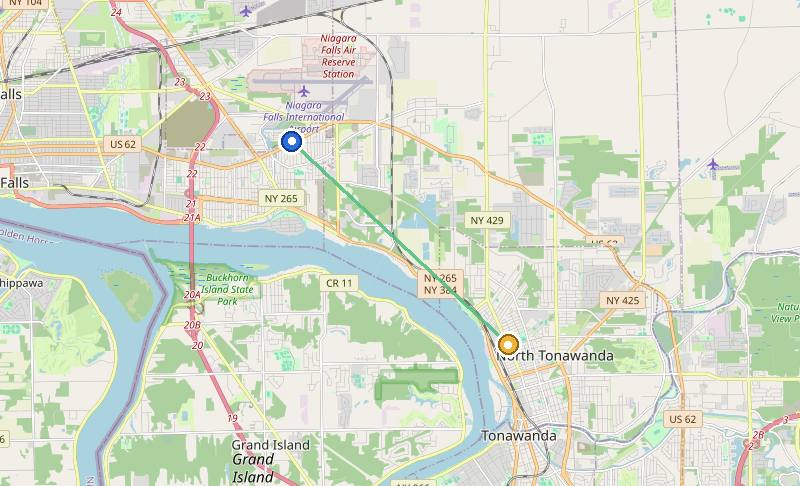 Map of the weed delivery coverage area between Upstate Exotics at 9200 Niagara Falls Blvd and Oliver Street, NY
