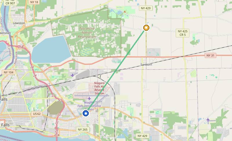 Map of the weed delivery coverage area between Upstate Exotics at 9200 Niagara Falls Blvd and Pekin, NY