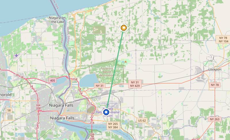 Map of the weed delivery coverage area between Upstate Exotics at 9200 Niagara Falls Blvd and Ransomville, NY