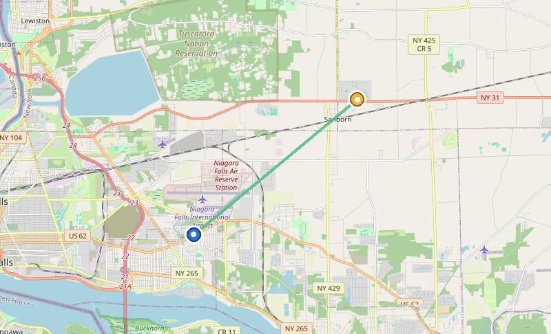 Map of the weed delivery coverage area between Upstate Exotics at 9200 Niagara Falls Blvd and Sanborn, NY