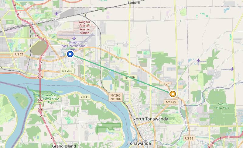 Map of the weed delivery coverage area between Upstate Exotics at 9200 Niagara Falls Blvd and Sawyer, NY