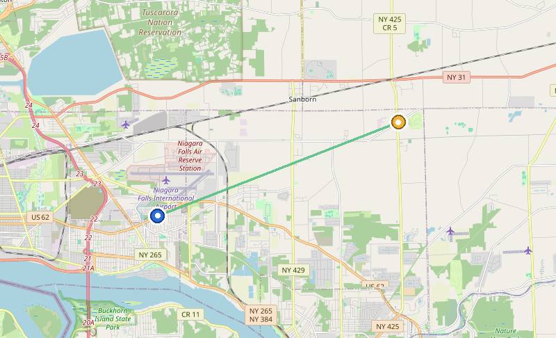 Map of the weed delivery coverage area between Upstate Exotics at 9200 Niagara Falls Blvd and Shawnee, NY