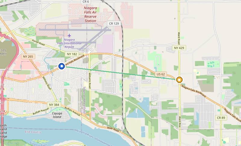 Map of the weed delivery coverage area between Upstate Exotics at 9200 Niagara Falls Blvd and St. Johnsburg, NY