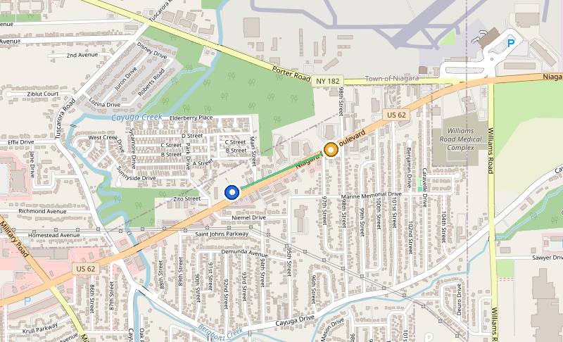 Map of the weed delivery coverage area between Upstate Exotics at 9200 Niagara Falls Blvd and The Boulevard, NY