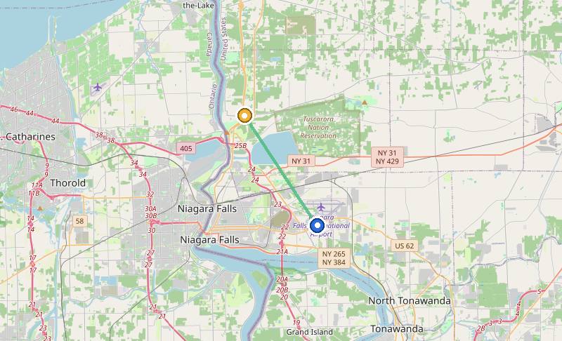 Map of the weed delivery coverage area between Upstate Exotics at 9200 Niagara Falls Blvd and Town of Lewiston, NY