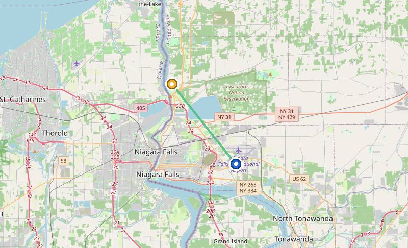 Map of the weed delivery coverage area between Upstate Exotics at 9200 Niagara Falls Blvd and Village of Lewiston, NY