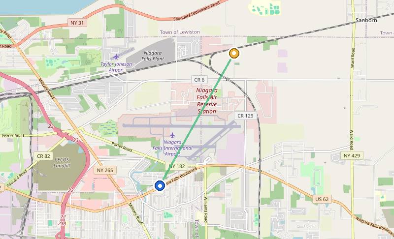 Map of the weed delivery coverage area between Upstate Exotics at 9200 Niagara Falls Blvd and Walmore, NY