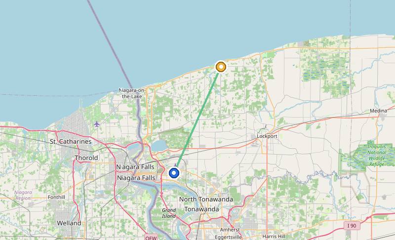 Map of the weed delivery coverage area between Upstate Exotics at 9200 Niagara Falls Blvd and Wilson, NY