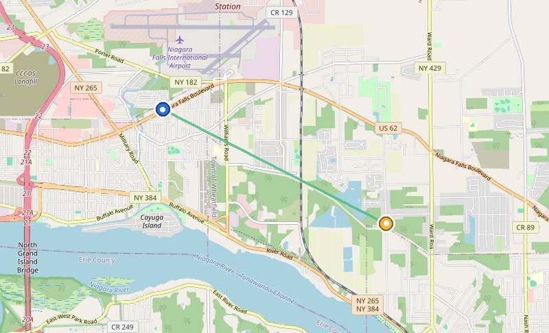 Map of the weed delivery coverage area between Upstate Exotics at 9200 Niagara Falls Blvd and Witmer, NY