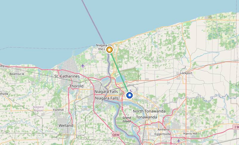 Map of the weed delivery coverage area between Upstate Exotics at 9200 Niagara Falls Blvd and Youngstown, NY