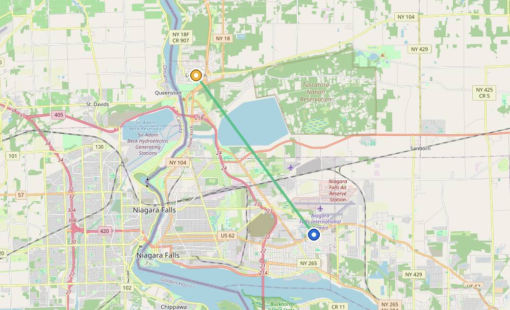 Map of the weed delivery coverage area between Upstate Exotics at 9200 Niagara Falls Blvd and Lewiston, NY