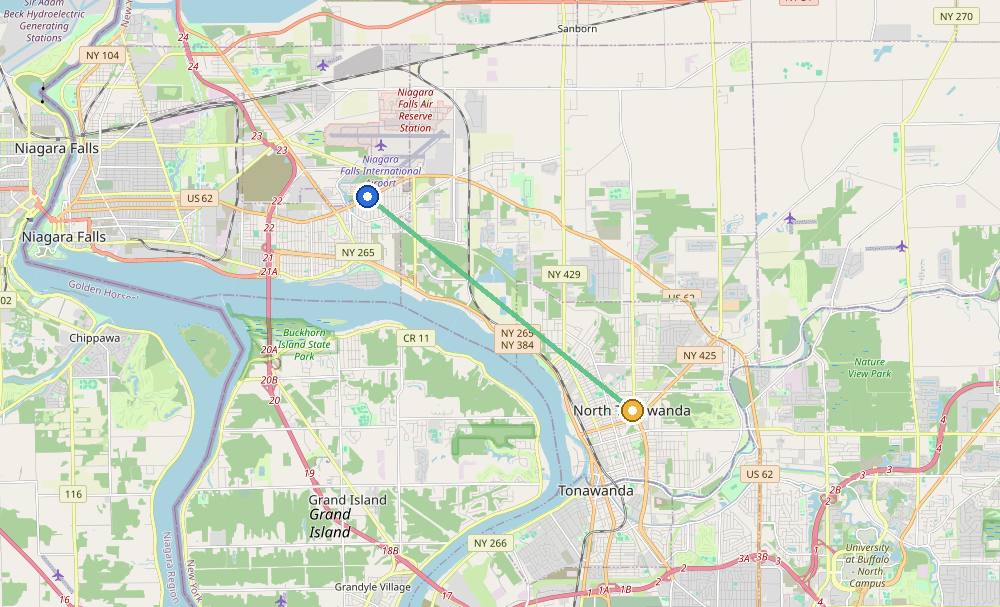 Map of the weed delivery coverage area between Upstate Exotics at 9200 Niagara Falls Blvd and North Tonawanda, NY