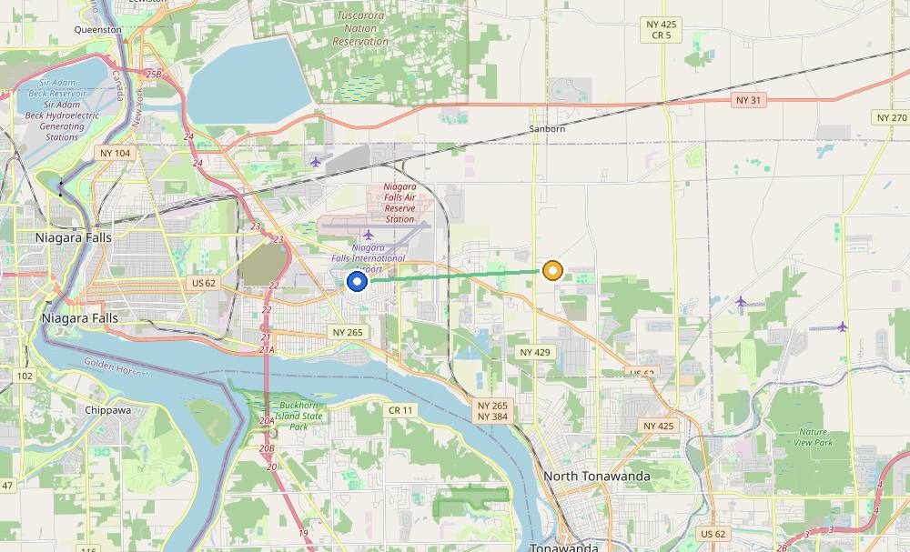 Map of the weed delivery coverage area between Upstate Exotics at 9200 Niagara Falls Blvd and Wheatfield, NY